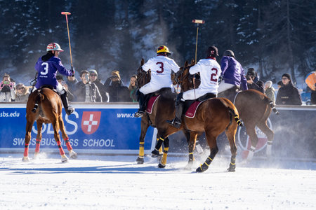 St. Moritz - January 29, 2023: Game actions at the Snow Polo World Cup St.Moritz 2023 finalsのeditorial素材