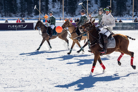 St. Moritz - January 29, 2023: Game actions at the Snow Polo World Cup St.Moritz 2023 finalsのeditorial素材