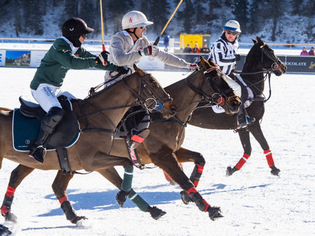 St. Moritz - January 29, 2023: Game actions at the Snow Polo World Cup St.Moritz 2023 finalsのeditorial素材