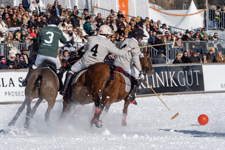 St. Moritz - January 29, 2023: Game actions at the Snow Polo World Cup St.Moritz 2023 finalsのeditorial素材