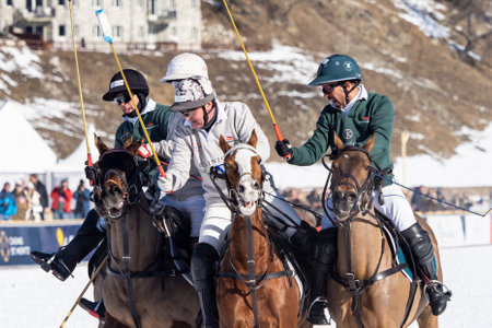 St. Moritz - January 29, 2023: Game actions at the Snow Polo World Cup St.Moritz 2023 finalsのeditorial素材