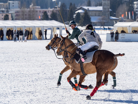 St. Moritz - January 29, 2023: Game actions at the Snow Polo World Cup St.Moritz 2023 finalsのeditorial素材