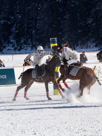 St. Moritz - January 29, 2023: Game actions at the Snow Polo World Cup St.Moritz 2023 finalsのeditorial素材