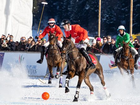 St. Moritz - January 29, 2023: Game actions at the Snow Polo World Cup St.Moritz 2023 finalsのeditorial素材
