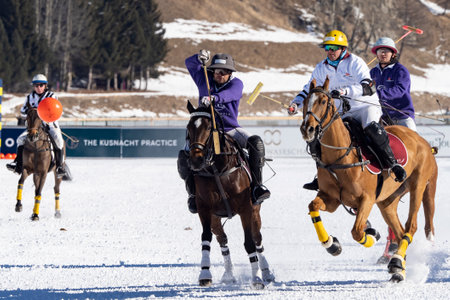 St. Moritz - January 29, 2023: Game actions at the Snow Polo World Cup St.Moritz 2023 finalsのeditorial素材