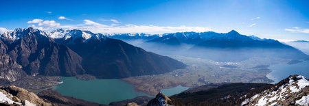 View of Lake Mezzola and Valtellina from Mount Berlingheraの写真素材