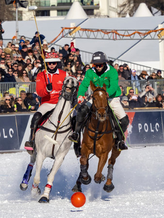 St. Moritz - January 29, 2023: Game actions at the Snow Polo World Cup St.Moritz 2023 finalsのeditorial素材