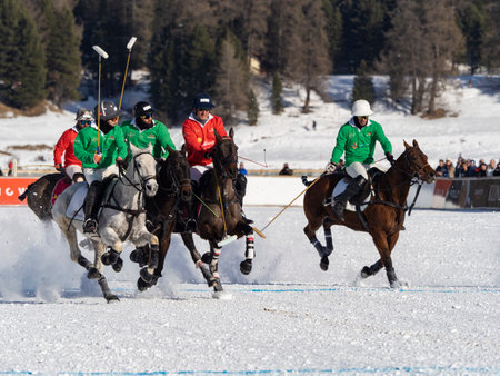 St. Moritz - January 29, 2023: Game actions at the Snow Polo World Cup St.Moritz 2023 finalsのeditorial素材