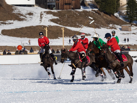 St. Moritz - January 29, 2023: Game actions at the Snow Polo World Cup St.Moritz 2023 finalsのeditorial素材
