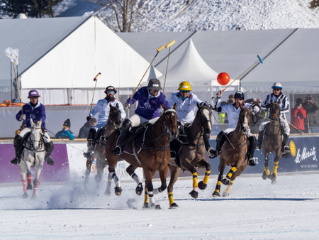 St. Moritz - January 29, 2023: Game actions at the Snow Polo World Cup St.Moritz 2023 finalsのeditorial素材