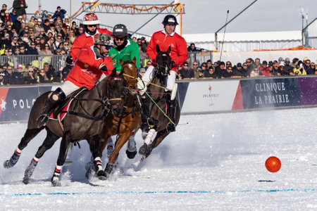 St. Moritz - January 29, 2023: Game actions at the Snow Polo World Cup St.Moritz 2023 finalsのeditorial素材