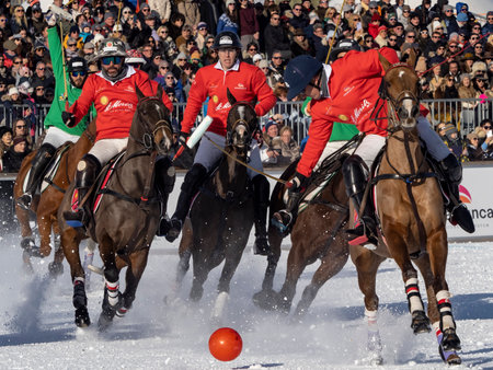 St. Moritz - January 29, 2023: Game actions at the Snow Polo World Cup St.Moritz 2023 finalsのeditorial素材
