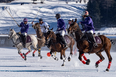 St. Moritz - January 29, 2023: Game actions at the Snow Polo World Cup St.Moritz 2023 finalsのeditorial素材