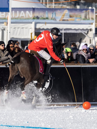 St. Moritz - January 29, 2023: Game actions at the Snow Polo World Cup St.Moritz 2023 finalsのeditorial素材