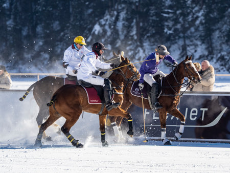 St. Moritz - January 29, 2023: Game actions at the Snow Polo World Cup St.Moritz 2023 finalsのeditorial素材