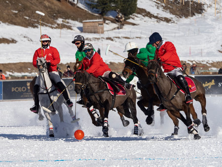 St. Moritz - January 29, 2023: Game actions at the Snow Polo World Cup St.Moritz 2023 finalsのeditorial素材