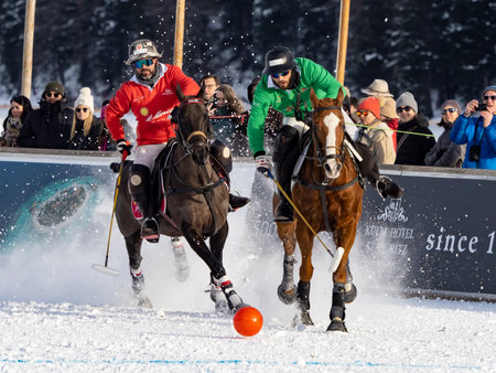 St. Moritz - January 29, 2023: Game actions at the Snow Polo World Cup St.Moritz 2023 finalsのeditorial素材