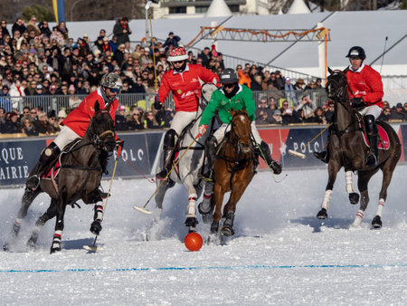 St. Moritz - January 29, 2023: Game actions at the Snow Polo World Cup St.Moritz 2023 finalsのeditorial素材