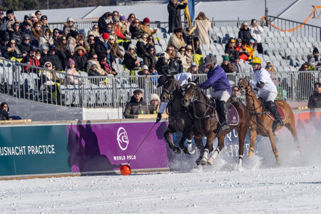 St. Moritz - January 29, 2023: Game actions at the Snow Polo World Cup St.Moritz 2023 finalsのeditorial素材