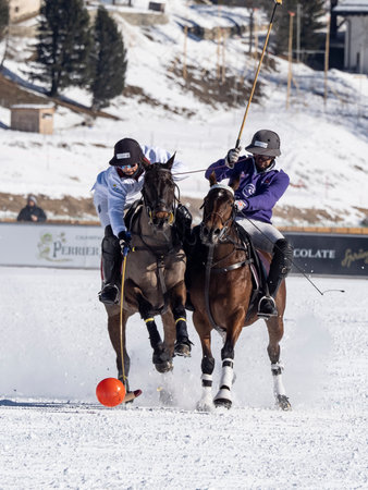 St. Moritz - January 29, 2023: Game actions at the Snow Polo World Cup St.Moritz 2023 finalsのeditorial素材