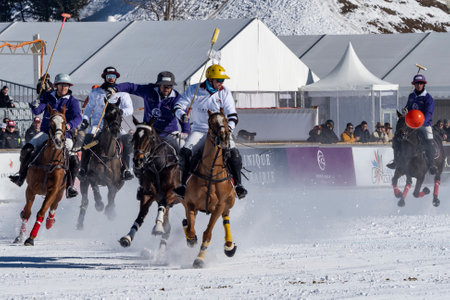 St. Moritz - January 29, 2023: Game actions at the Snow Polo World Cup St.Moritz 2023 finalsのeditorial素材