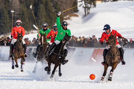 St. Moritz - January 29, 2023: Game actions at the Snow Polo World Cup St.Moritz 2023 finalsのeditorial素材