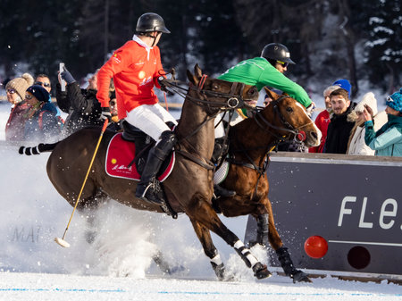 St. Moritz - January 29, 2023: Game actions at the Snow Polo World Cup St.Moritz 2023 finalsのeditorial素材