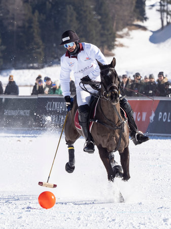 St. Moritz - January 29, 2023: Game actions at the Snow Polo World Cup St.Moritz 2023 finalsのeditorial素材