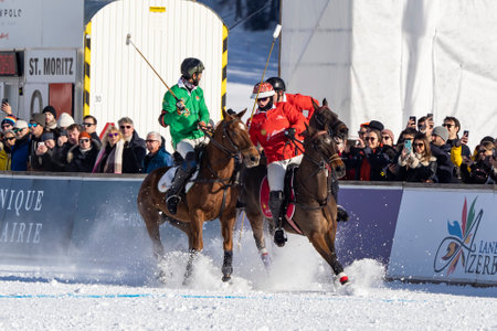 St. Moritz - January 29, 2023: Game actions at the Snow Polo World Cup St.Moritz 2023 finalsのeditorial素材