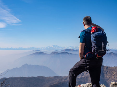 Backpacker in the Italian alpsの写真素材