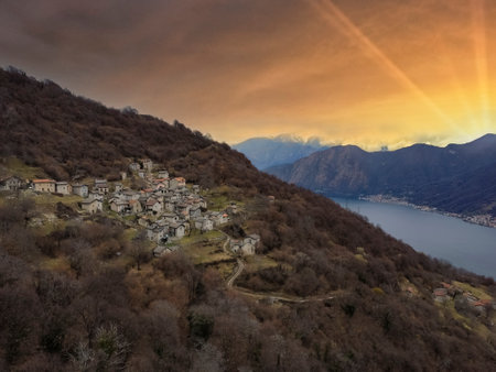 Aerial view of the village of Corniga on Lake Como Alpsの写真素材