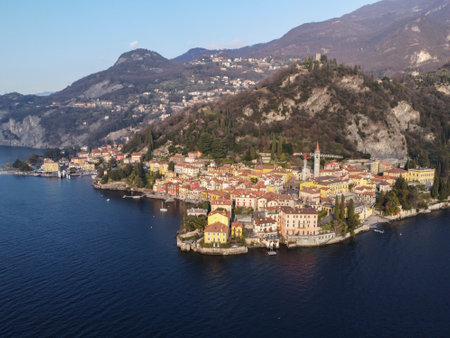 Aerial view of Varenna a village on Lake Comoの写真素材