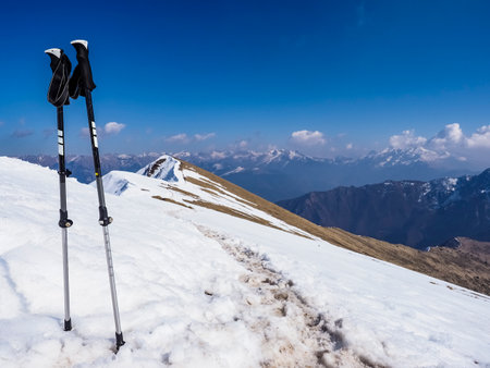 Trekking poles on an alpine trail in the italian alpsの写真素材