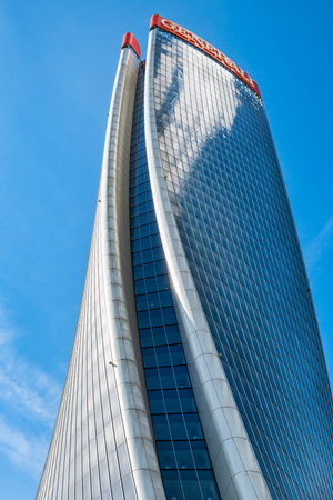 Milan ( Italy ) 04-14-2023: Generali skyscraper in CityLife district in Milan. Due to shops, cinemas and buisiness buildings CityLife is one of the most visited places of the townのeditorial素材