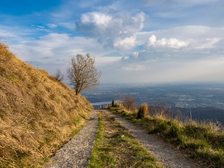 Alpine road in the prealps of Lake Como at sunsetの写真素材