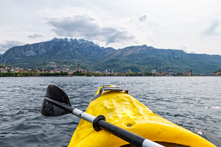 Visiting Lake Como on a canoeの写真素材