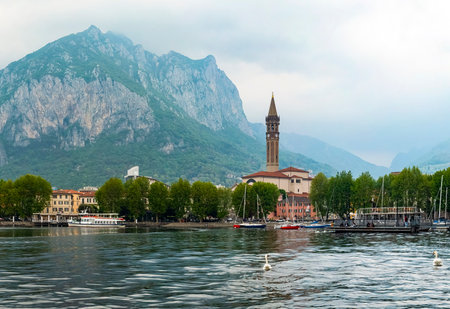 Landscape of Lecco from the lakeの写真素材