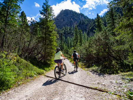 Cycling scene on the dolomitesの写真素材