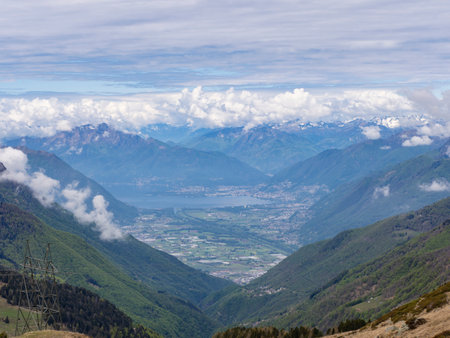 View of Mesolcina valley from the alps between Switzerland and Italyの写真素材