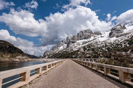 Landscape of Mount Marmolada from Fedaia Lake damの写真素材