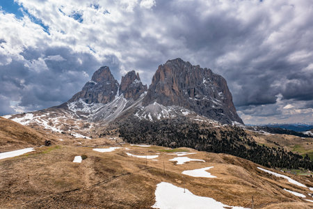 Sasso Lungo and Sasso Piatto peaks in the dolomitesの写真素材