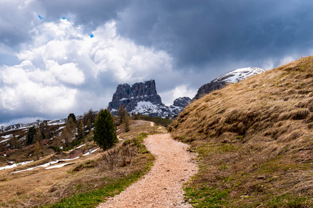 Trekking path in the dolomites on Falzarego Passの写真素材