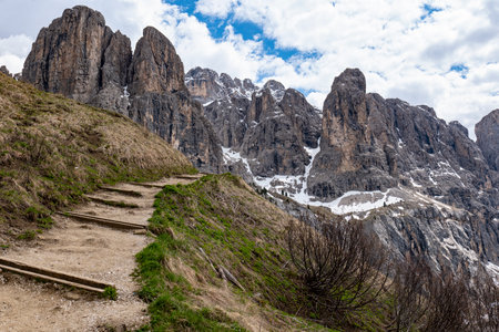 Trekking path on Mount Sella in the dolomitesの写真素材