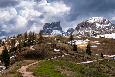 Trekking path in the dolomites on Falzarego Passの写真素材