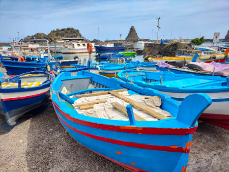 Boats in the harbor of Aci Trezzaの写真素材
