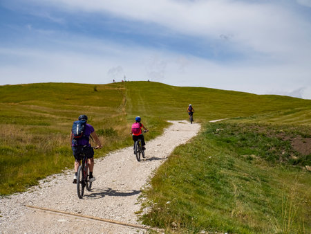 Cycling scene on the Dolomitesの写真素材