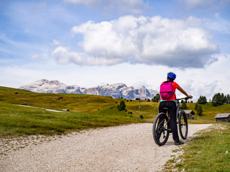 Cycling scene on the Dolomitesの写真素材