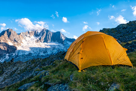 Camping tent in the Italian Alpsの写真素材