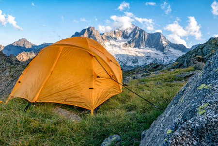 Camping tent in the Italian Alpsの写真素材
