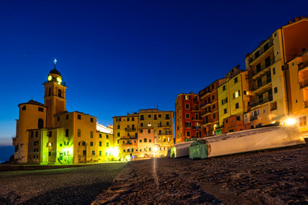 View of the facades of Camogli from the seasideの写真素材